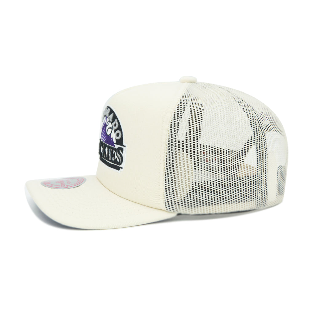 Colorado Rockies Cooperstown Off White Mitchell & Ness Evergreen Trucker Snapback