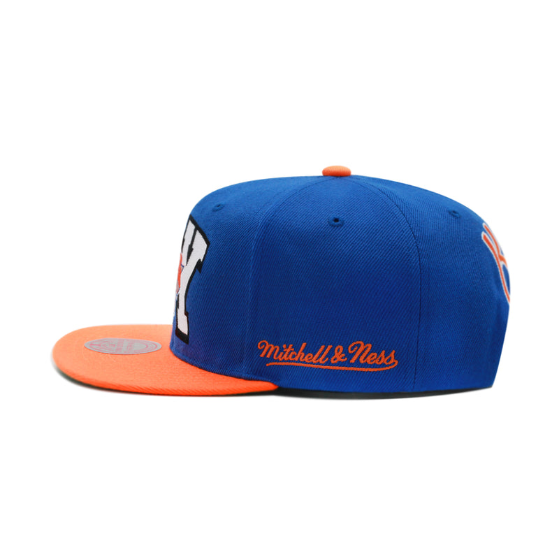 New York Knicks Mitchell & Ness NBA Rear Script Deadstock Snapback Hat Royal/Orange