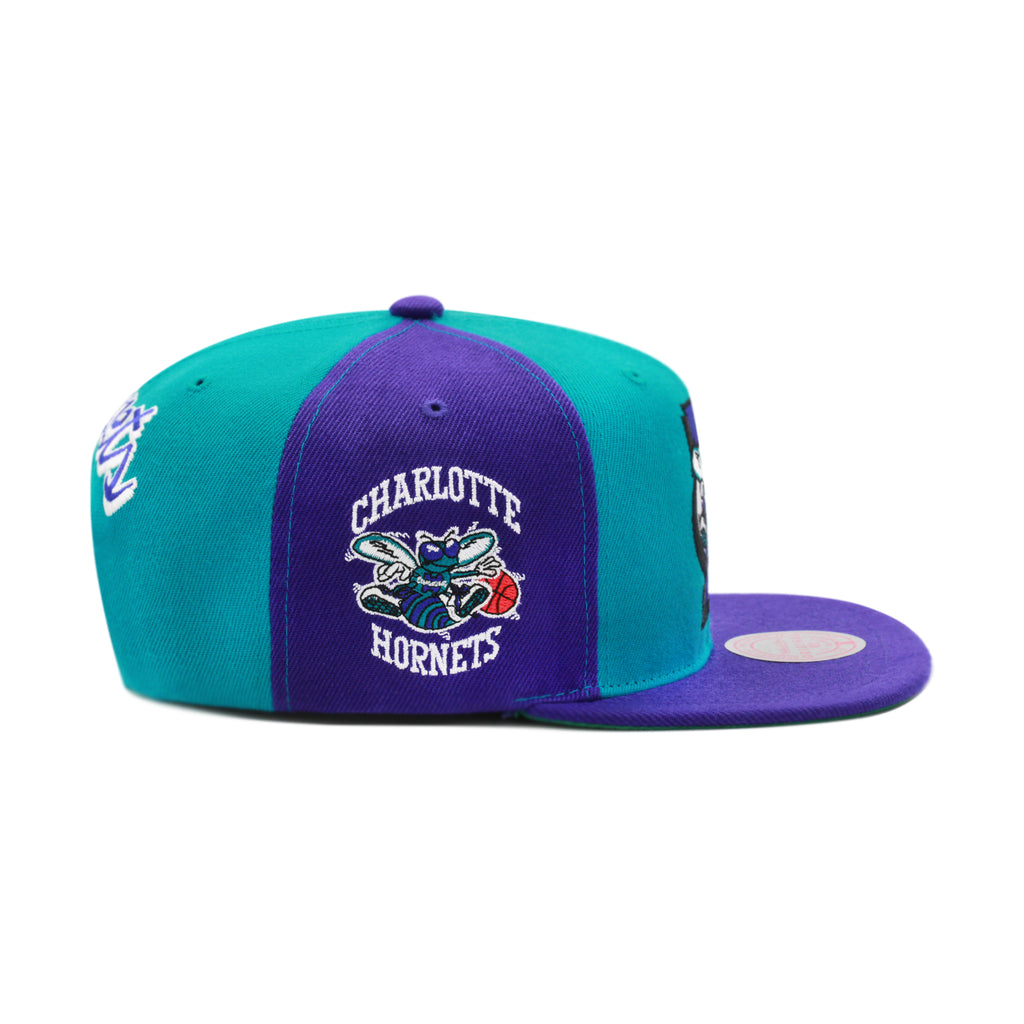 Charlotte Hornets Mitchell & Ness Hardwood Classics NBA Rear Script Deadstock Snapback Hat Teal/Purple