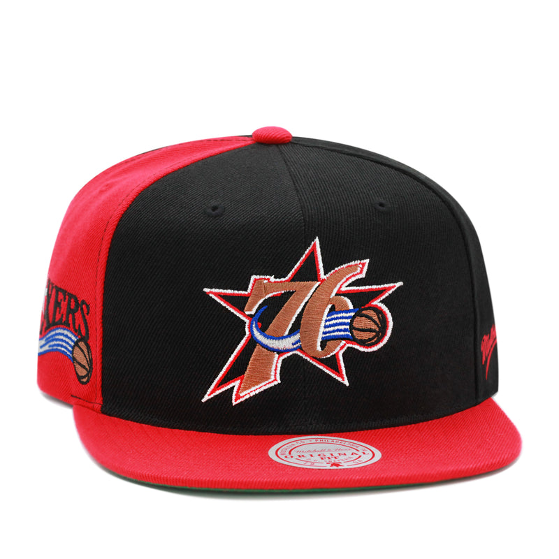 Philadelphia 76er's Mitchell & Ness Hardwood Classics NBA Rear Script Deadstock Snapback Hat Red/Black