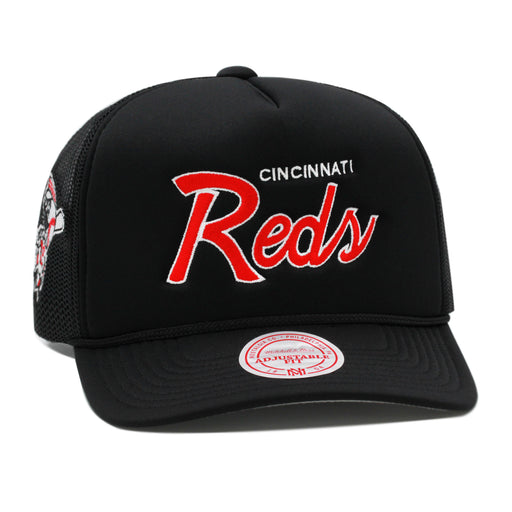 Cincinnati Reds Black Mitchell & Ness MLB Script Trucker Snapback