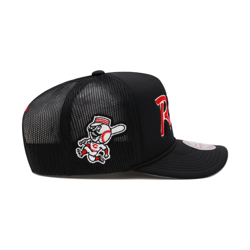 Cincinnati Reds Black Mitchell & Ness MLB Script Trucker Snapback