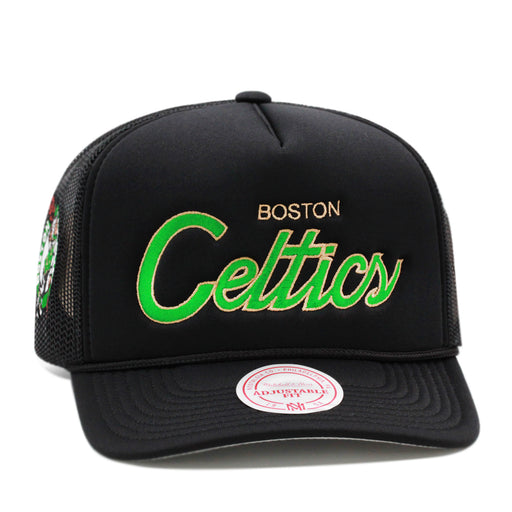 Boston Celtics Black Mitchell & Ness NBA Script Trucker Snapback