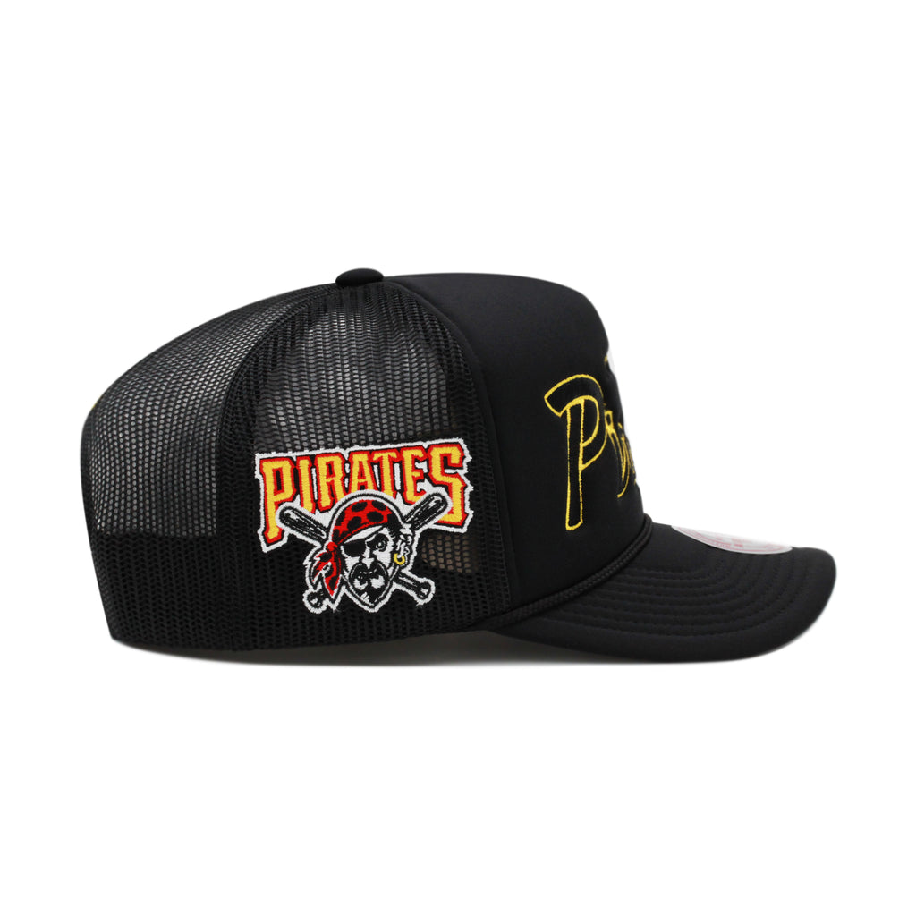 Pittsburgh Pirates Black Mitchell & Ness NBA Script Trucker Snapback