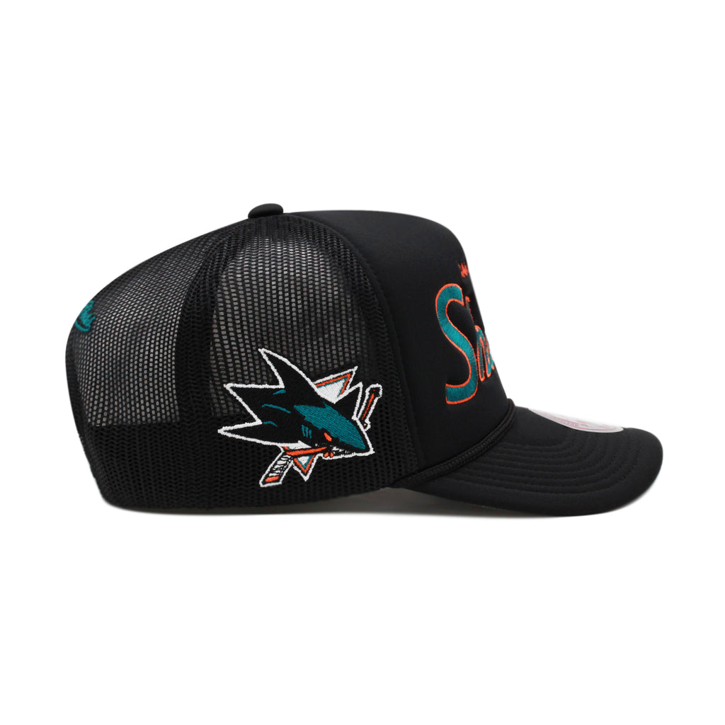 San Jose Sharks Black Mitchell & Ness NHL Script Trucker Snapback