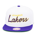 Los Angeles Lakers Mitchell & Ness Snapback Hat White/Purple/Script