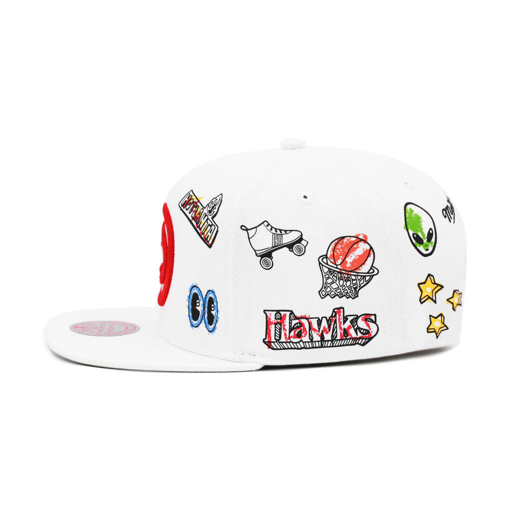 Atlanta Hawks Mitchell & Ness Hand Drawn Snapback Hat White