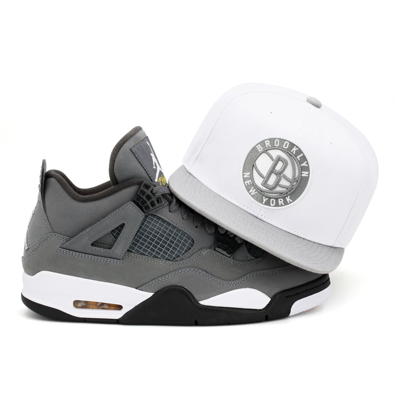 Brooklyn Nets White Mitchell & Ness Snapback Hat Jordan 4 Retro Cool Grey