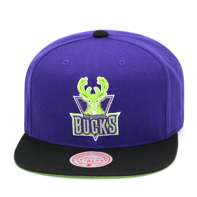 Milwaukee Bucks Mitchell & Ness Snapback Hat Purple/Neon Green