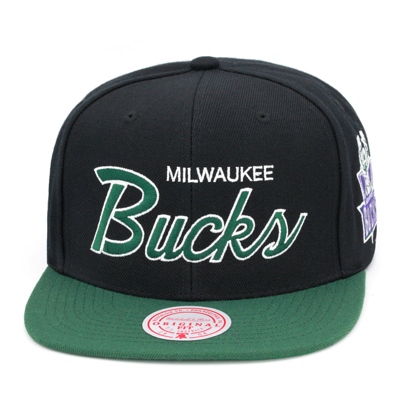 Milwaukee Bucks Mitchell & Ness Team Script 2.0 Snapback Hat Black/Green