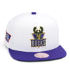 Milwaukee Bucks NBA 50th Anniversary Mitchell & Ness Snapback Hat White/Purple
