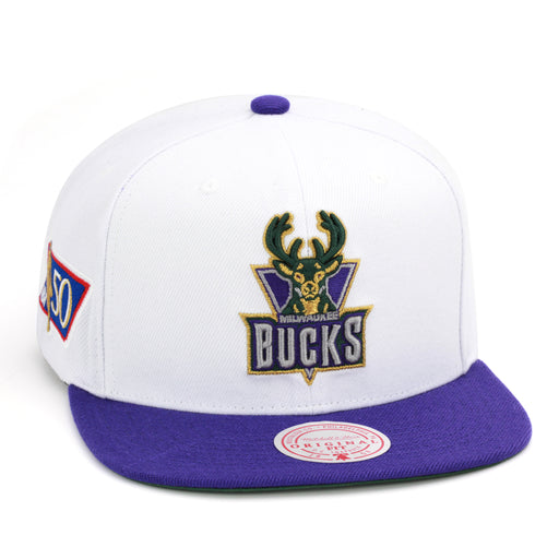 Milwaukee Bucks NBA 50th Anniversary Mitchell & Ness Snapback Hat White/Purple