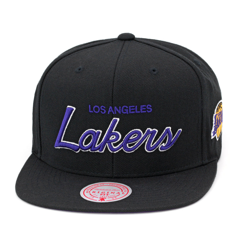 Los Angeles Lakers Mitchell & Ness Snapback Hat Black/Purple/Script